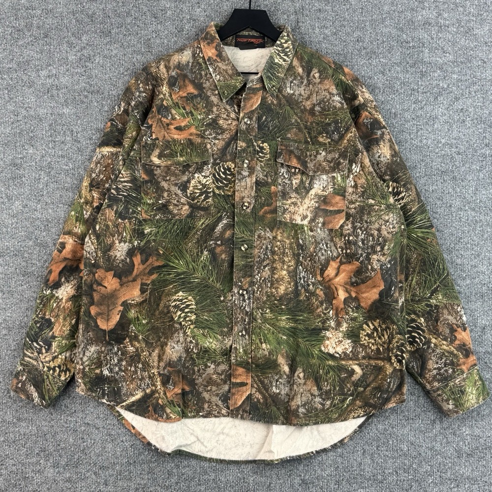 TrueTimber Shirt Mens 2XL Brown Woodland Camo Button Up Hunting Outdoor Cotton
